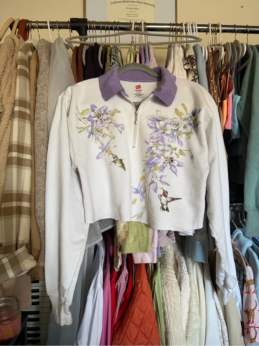 One of a Kind Hummingbird Hanes White Pullover with Purple Trim